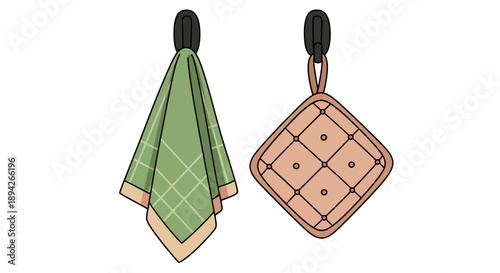 Illustration of a green towel and a beige potholder hanging from hooks on a wall, viewed from the front.