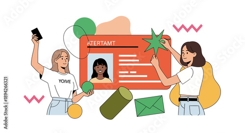 Illustration of people alerting others about a message on a large notification screen in a modern environment from a dynamic viewpoint