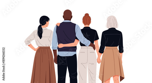 Four individuals standing together in a group with their arms around each other from behind view