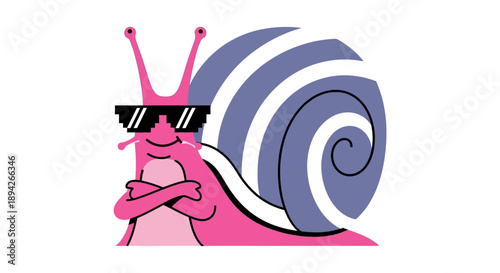 A cartoon snail wearing sunglasses is depicted in a relaxed pose with a vibrant shell in a simple white background from a direct viewpoint