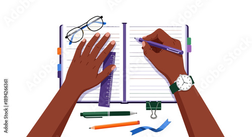 A person's hands holding a pen and writing in a notebook with stationery and glasses nearby on a desk viewed from above