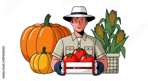 Farmer holding a crate of fresh produce surrounded by autumn harvest elements