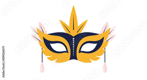 Mysterious Gold Mask Illustration with Feathers and Decorations, Representing Mystery and Secrecy in a Symbolic Context