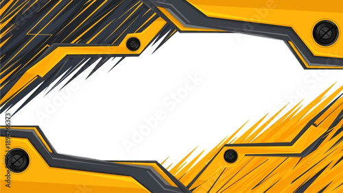 Futuristic yellow and black abstract geometric border frame with sharp lines, dynamic shapes, and bold accents, viewed straight on.