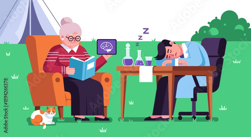 Woman relaxing in a chair outdoors while another sleeps at a nearby desk with a laptop and papers in a serene natural setting