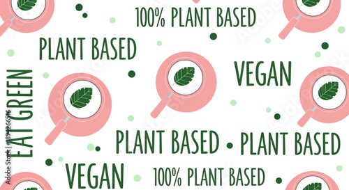 Vibrant Plant-Based Pattern Featuring Eco-Friendly Illustrations and Green Typography on a Clean Background from a Direct Viewpoint