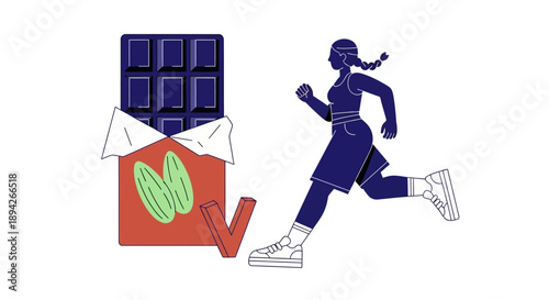 Woman running with chocolate bar in hand, active lifestyle illustration