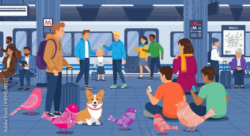 People with dogs sitting on a subway platform surrounded by others waiting for the train to arrive