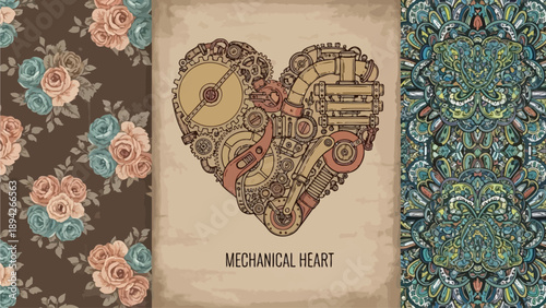 Intricate Mechanical Heart Illustration on Aged Paper Surrounded by Floral Patterns and Abstract Designs from a Direct Viewpoint
