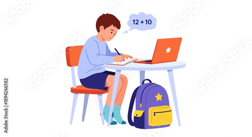Young student sitting at desk solving math problem on laptop with backpack nearby in a study environment from a side viewpoint