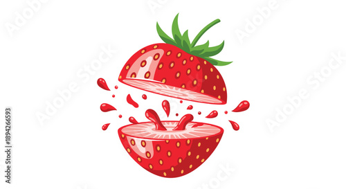 Sliced Red Strawberry with Juice Splashing Between the Halves for Fresh Fruit Healthy Snack and Refreshing Summer Ingredient Concept Illustration.