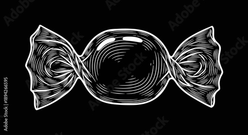 A detailed illustration of a candy in a bow tie on a black background from a front view
