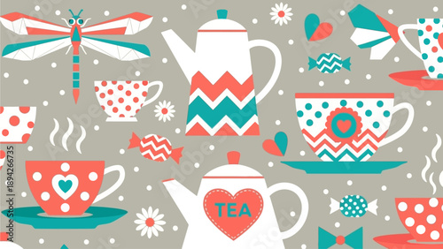 A vibrant tea party scene with teapots, cups, and saucers in various patterns and colors, displayed in a lively and whimsical arrangement