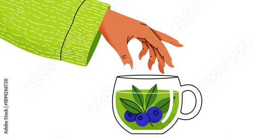 A hand reaching for a cup of tea with blueberries and leaves