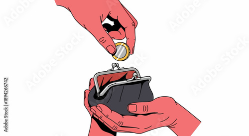 A hand inserting a coin into a purse, close-up view of financial transaction illustration