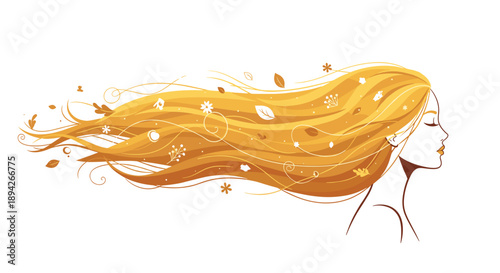 Profile of a Woman with Long Flowing Blonde Hair Decorated with Autumn Leaves and Flowers for Nature Beauty and Seasonal Fashion Concept.