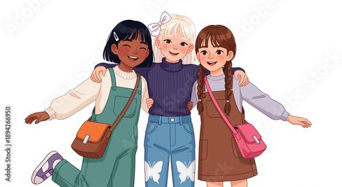 Three young women embracing, symbolizing friendship and unity, standing together in a casual pose