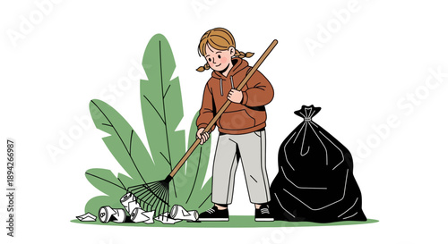 Person collecting trash with a rake and bag in a green environment from a frontal viewpoint