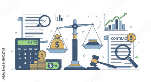 Financial analysis and contract review with scales of justice.