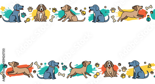 Horizontal Border of Cute Cartoon Dogs with Toys and Bones Playful Canine Pattern for Website Headers and Footers Isolated on Clean White Background Design.