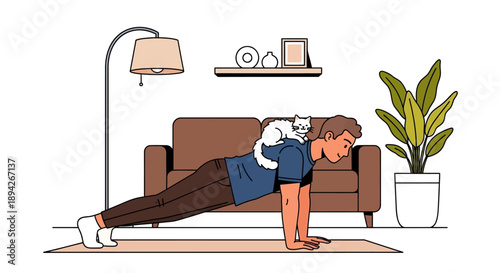 Man doing plank exercise with cat on back in living room with furniture and plants around