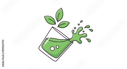 Fresh green liquid splashing from a glass with leaves, viewed from above in a minimalist illustration style