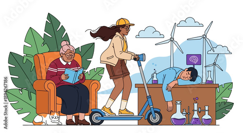 Young woman on electric scooter approaches elderly man in armchair as he works in home laboratory surrounded by wind turbines