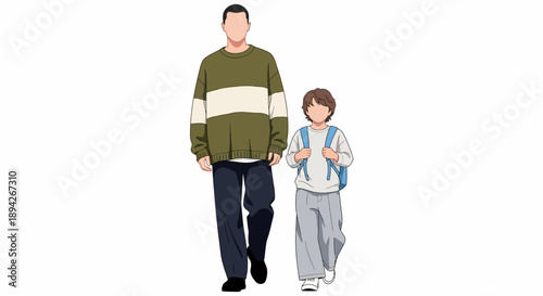 Father and son walking together with child carrying backpack, casual clothing, daytime scene