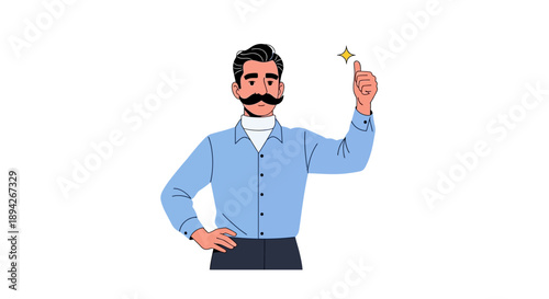 Man holding small object in hand with confident stance and smiling