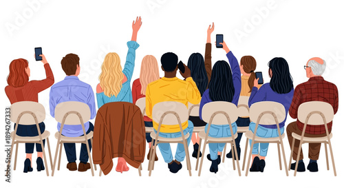 Diverse group of people sitting in chairs, raising hands, and using mobile devices in a modern setting viewed from behind.
