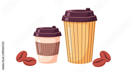 Two disposable coffee cups with lids and coffee beans scattered around them, vector illustration