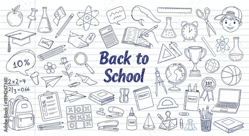 Back to School themed illustration featuring education, learning, objects, stationery, and accessories in a doodle style