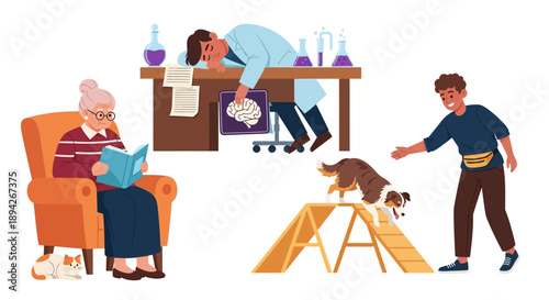 A man trains his dog on a yellow agility ladder while an elderly woman reads in her armchair nearby