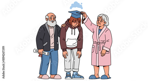 Elderly couple examining a young man with a thought bubble above his head, standing together in a simple illustration