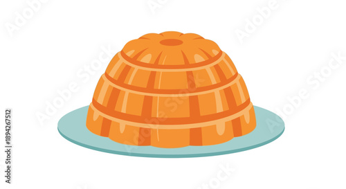 A digitally illustrated orange jelly dessert on a light blue plate viewed from the front