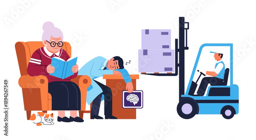 Elderly woman relaxing on couch while a man operates a forklift in the background, illustrating a contrast between leisure and work