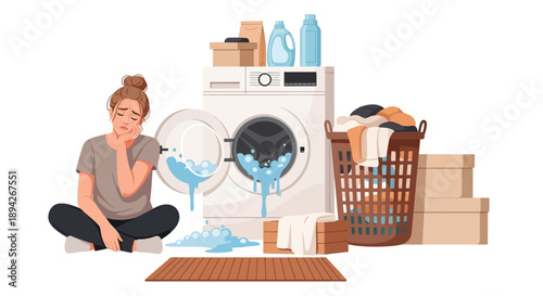 A woman sits beside a malfunctioning washing machine overflowing with water and laundry, surrounded by boxes and a laundry basket