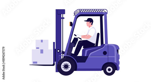 Illustration of a man operating a forklift with stacked boxes in a warehouse setting viewed from the side
