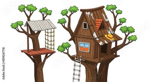 Illustration of two treehouses with ladders and roofs in a whimsical forest setting from a frontal viewpoint