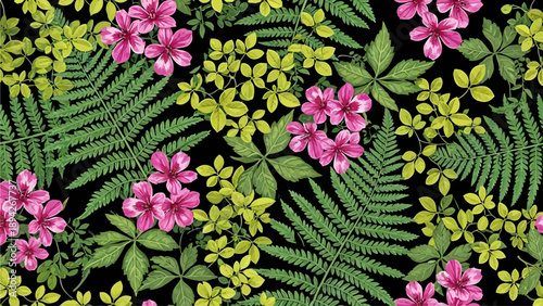 Vibrant floral pattern with ferns and flowers in a lush garden scene from a top-down viewpoint