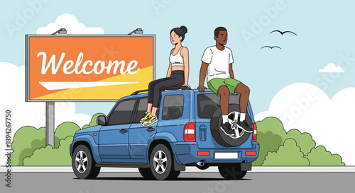 Couple traveling together on a road trip in a blue SUV with a welcome sign in the background on a sunny day