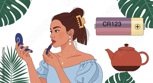 Woman applying lipstick with phone nearby and tea pot in a relaxed environment surrounded by plants