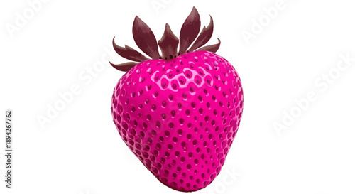 Vibrant pink strawberry illustration with leaves on a clean background from a front viewpoint