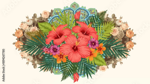 Vibrant floral arrangement featuring lilies, leaves, and flowers in a circular pattern with a decorative design