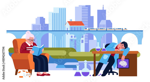 Elderly woman relaxing on armchair while young man works on laptop on nearby sofa in modern cityscape background