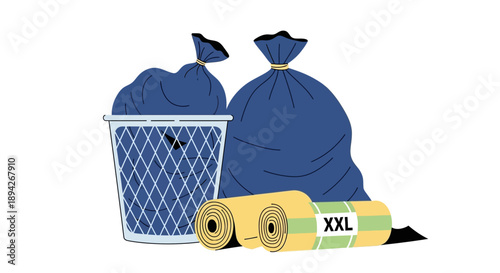 Waste management illustration featuring trash bags and bin with disposal rolls nearby
