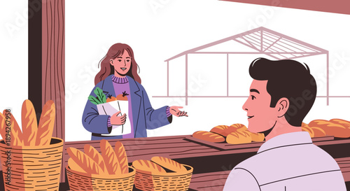 Woman selling fresh bread and pastries to a customer at an outdoor market stall with a greenhouse in the background