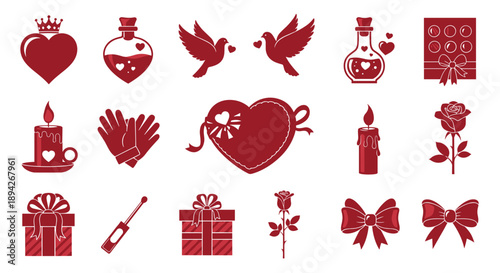 A set of red Valentine's Day icons on transparent background