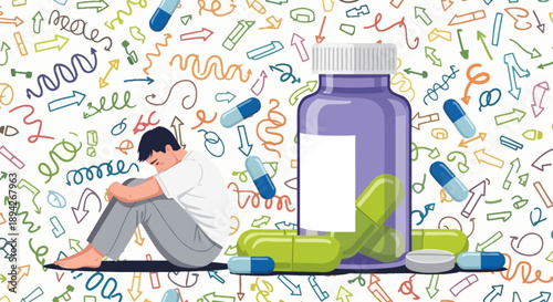 A person sitting beside a large bottle of pills surrounded by various medications and pills on the floor