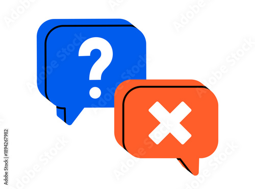 Hand drawn cute illustration speech bubbles with question mark and cross. Flat vector support answer doodle. Rejection sign. Negative user experience icon. Misunderstanding communication. Isolated.